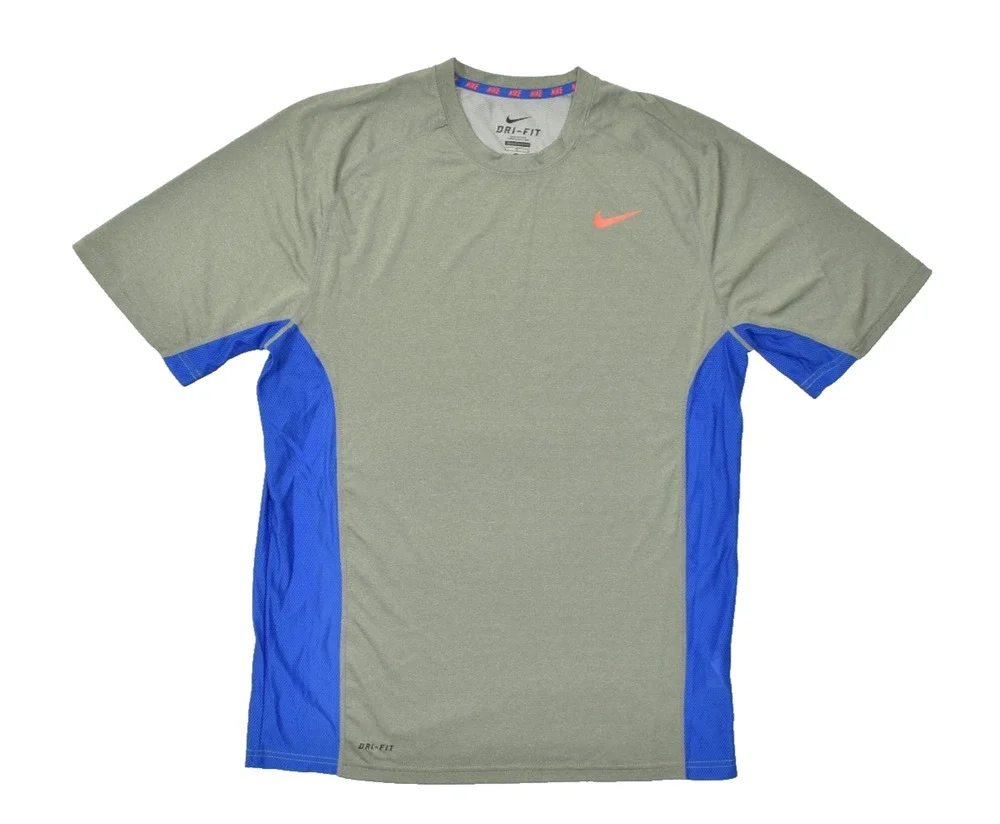 Nike Dri-Fit Men's Size Large Gray Blue Short Sleeve Athletic Running Training
